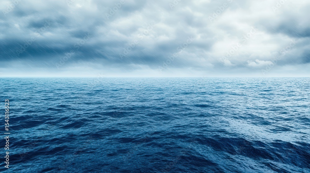 Fototapeta premium Seascape Under Cloudy Sky: A tranquil depiction of vast open ocean stretching towards the horizon, under a sky filled with dramatic clouds. A powerful and evocative scene of nature's beauty.