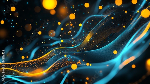 Detailed abstract design with glowing wavy lines and dots in light blue and yellow hues The glossy finish and bokeh lights on a black background create a high-tech modern look