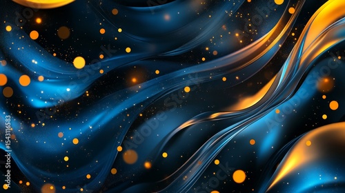 Detailed abstract design with glowing wavy lines and dots in light blue and yellow hues The glossy finish and bokeh lights on a black background create a high-tech modern look