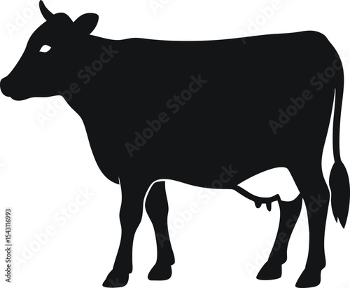 Minimalist Black Silhouette of a Cow on White Background – Flat Vector Illustration Representing Livestock, Dairy, Agriculture, Farming, and Rural Animal Concepts