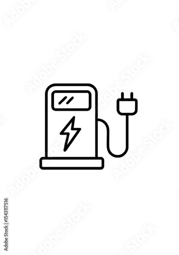 Black Line Electric Car Charging Station Icon with Plug and Lightning Bolt on White Background Representing Renewable Energy and Eco Mobility