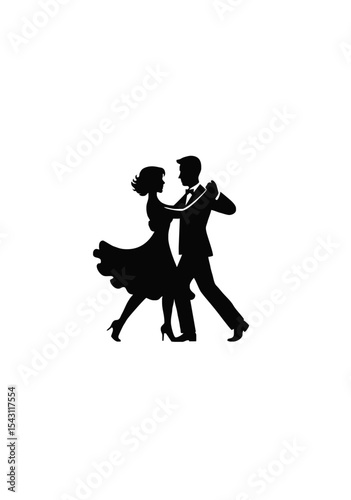 Silhouette of Elegant Couple Ballroom Dancing in Classic Attire on White Background for Dance, Romance, and Celebration Themes
