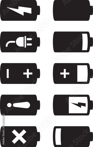 black n white battery icons set showing various charge levels n warning signs. Perfect for UI-UX design, mobile apps, energy status indicators, infographic purposes. flat, UI, UX, interface, mobile, 