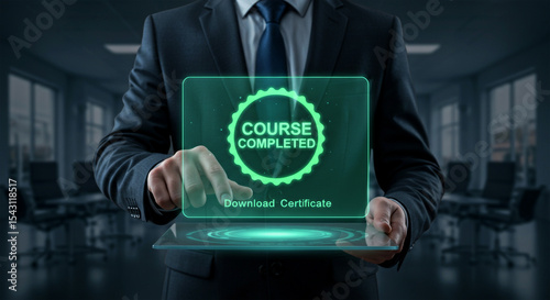 Businessman downloading course completion certificate