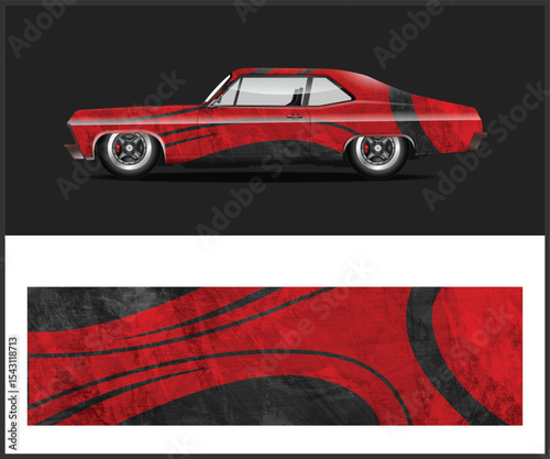 Red and Black Muscle Car Design with Abstract Vinyl Wrap
