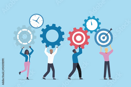 Teamwork and Collaboration Diverse People Working Together to Achieve Goals Time Management and Success in Business Vector Illustration