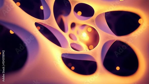 Abstract view of interconnected organic shapes with glowing elements in a dark background