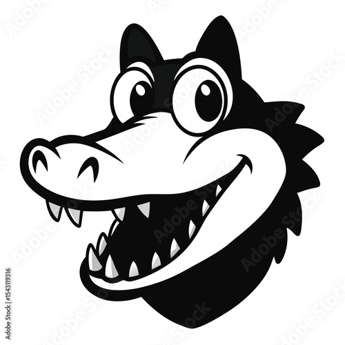 Cheerful cartoon alligator boasts a wide grin, displaying sharp teeth in black and white