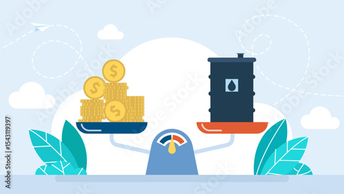 Oil price. Scales with oil barrel and gold, dollar coin. Concept of mineral oil industry pricing and costs. Weighing scales with oil barrels and money. Vector illustration