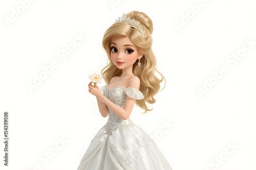Animated princess in white gown, holding flower