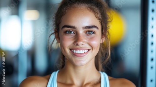 Free Download A cheerful young woman flashes a bright smile in a fitness environment, radiating positivity and motivation, encouraging others to embark on their own health and wellness journeys. - GFXLoad