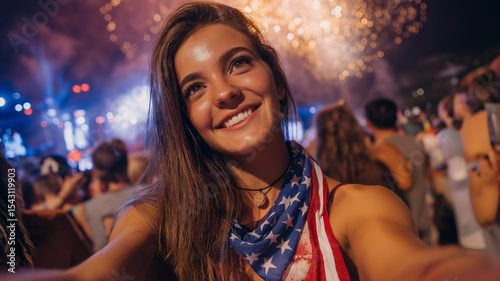 Young woman with US Flag scarf taking selfie in a party