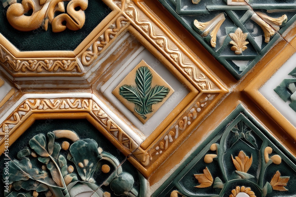 Obraz premium Intricate geometric ceramic tile design with floral motifs and leaf patterns