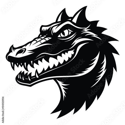 Fierce black alligator head exhibits sharp teeth and aggressive expression in striking artwork