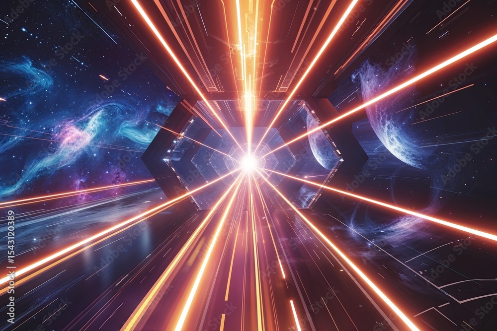 Naklejka premium Vibrant Sci-Fi Fusion Design with Light Trails and Nebula Shapes