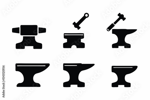 set of Anvil and Hammer icon silhouette vector illustration
