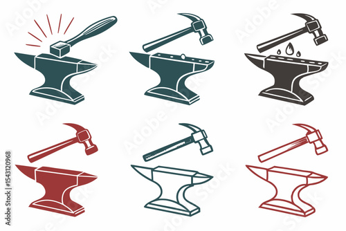 set of Anvil and Hammer silhouette vector illustration