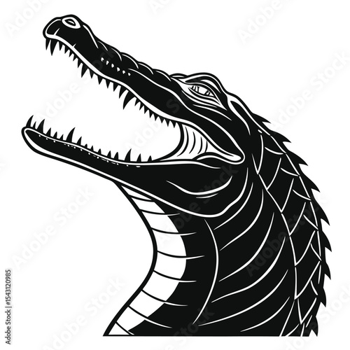 The alligator head is fiercely rising upwards, its mouth is widely open, showing sharp teeth