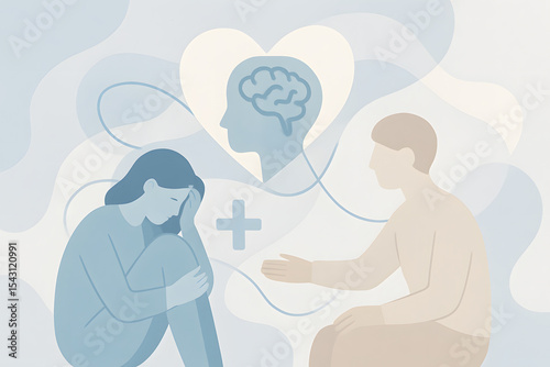 Support in times of mental stress: a person consoles a sad, stressed person, with a mental diagram in the background.