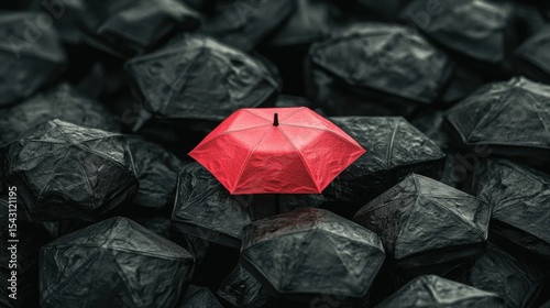 A single red umbrella stands out against a sea of black umbrellas.