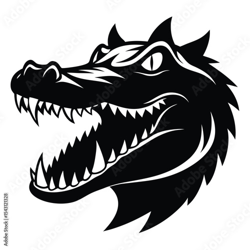 Striking black portrait depicts an alligator head with sharp teeth aggressively open