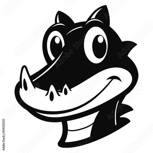 Cartoon alligator with a cheerful smile is featured in a black and white design