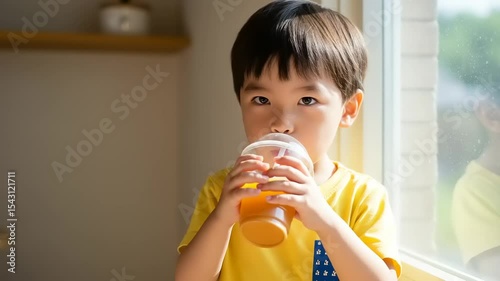 Happy child drinking juice