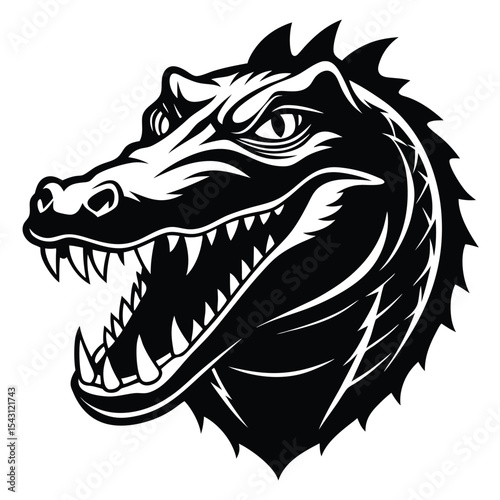 Intricate alligator head portrays the animal with an open mouth filled with sharp teeth