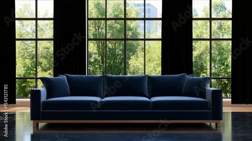 Modern living room featuring a stylish navy blue sofa against a backdrop of large windows with greenery