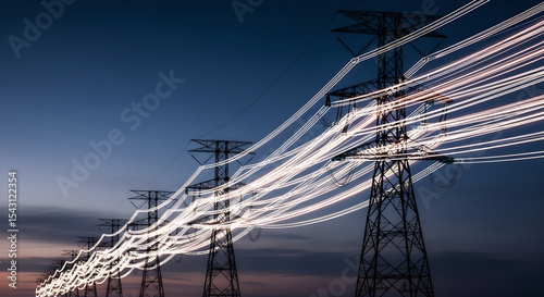 Power lines stretch from towering structure, delivering electricity through grid. High-voltage transmission, energy flow, and utility infrastructure at work