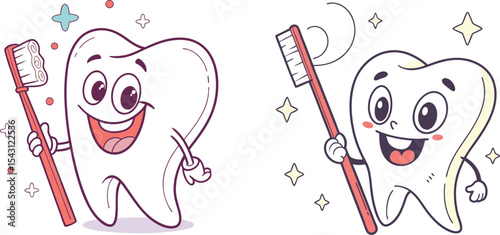 Cute Cartoon Teeth with Toothbrush – Dental Hygiene Clipart for Kids