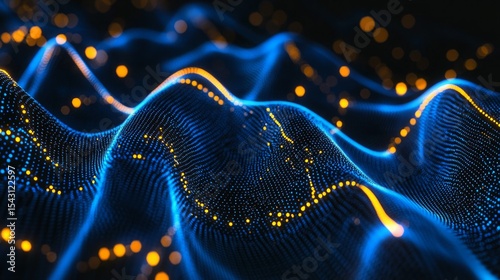 Digital illustration with glowing dots in blue and yellow on wavy lines creating a glossy and futuristic wave pattern High detail and a black background make it perfect for tech or modern designs
