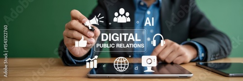 Person interacting with a digital interface showing digital public relations concepts.