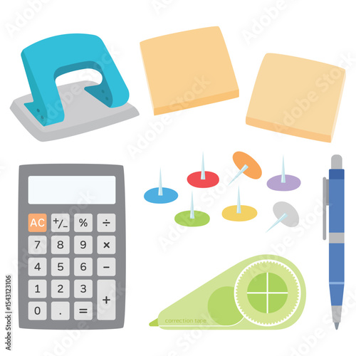 Vector illustration of hand-drawn stationery items: calculator, correction tape, sticky notes, fountain pen, hole punch, and thumbtacks. Great for school, office, or educational projects.
