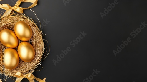 Golden Eggs in Nest: A captivating image of gold eggs nestled within a meticulously crafted nest, set against a dark background. It exudes a feeling of wealth and opulence
