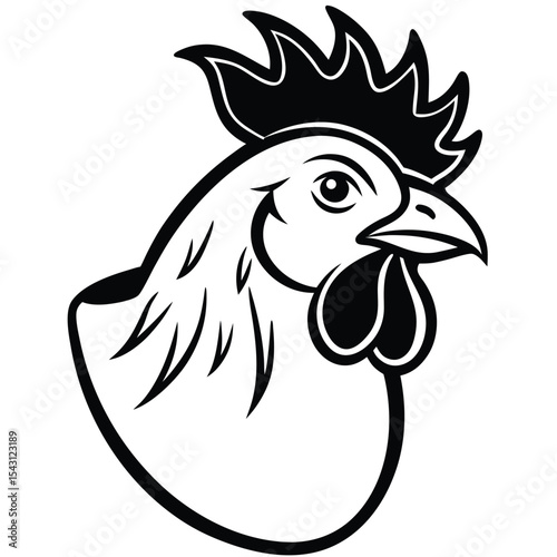 Stylish rooster head exhibits bold black outline and detailed features in simple elegance