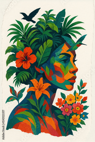 Tropical Woman Portrait in Double Exposure Botanical Style