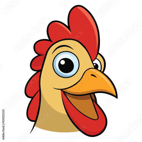 A cheerful cartoon chicken face displays a bright red wattle and comb with excitement