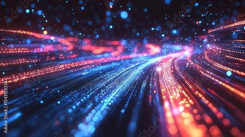 Digital landscape with glowing data streams symbolizing speed and precision in navigating complex networks Vibrant light trails and depth of field create an immersive futuristic atmosphere
