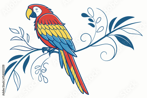 Colorful tropical parrot perched on a botanical branch in vector style