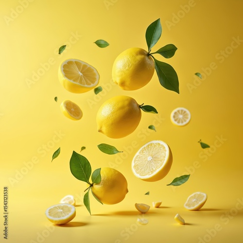 Fresh lemons falling air. Yellow fruit slices leaves against vibrant yellow background. Citrus fruits, healthy eating concept. Vitamin C rich food. Natural organic product for juice, lemonade, drink.