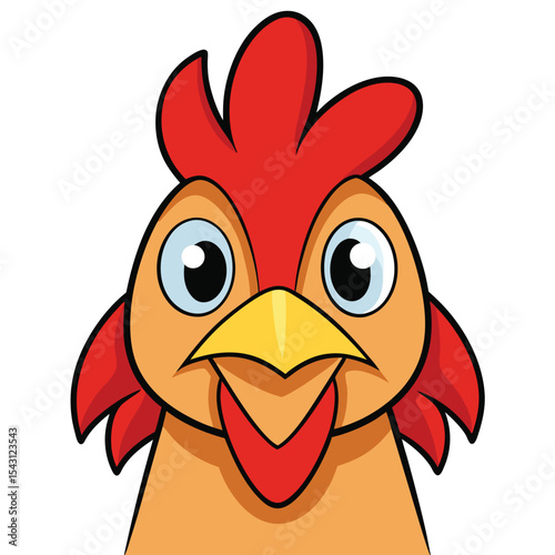 Cartoon chicken with bright eyes and feathers looks directly forward in a friendly manner