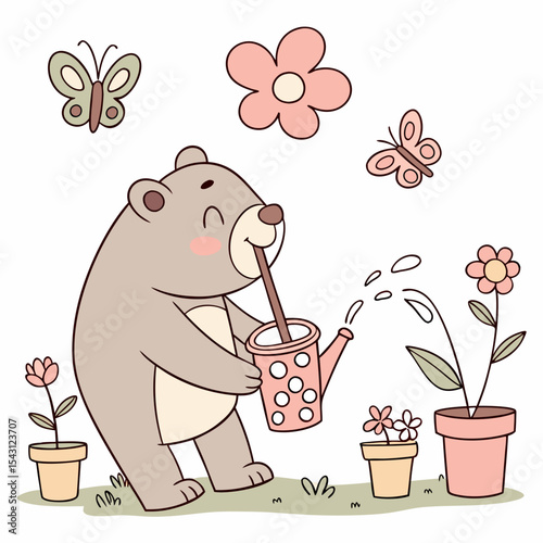 Cute SVG of a Excited Bear in Spring Garden colors, featuring with a bubble tea in a Spring garden setting