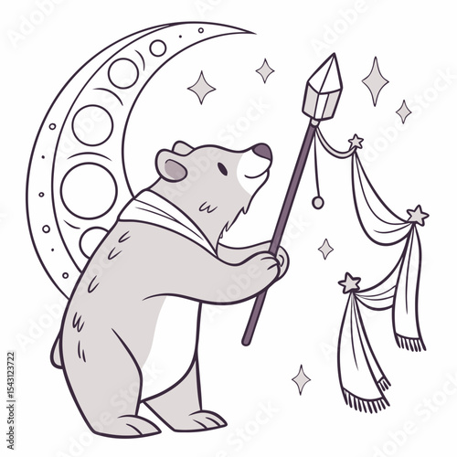 An adorable Bear with a Gentle vibe, with a magic wand, and a Lunar Elegance Starlight Ball theme – SVG style