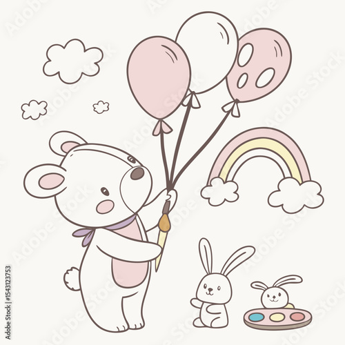 Playful Gentle Bear design, styled with holding a paintbrush and Soft Pastel shades in a Soft pastel setting