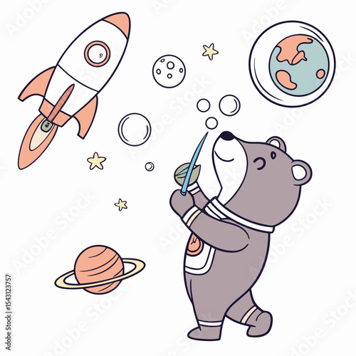 Vector illustration of a Joyful Bear with blowing bubbles, styled in a Space explorer theme using Cosmic Pastels colors