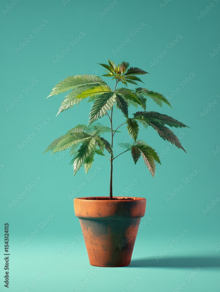 Obraz premium Young cannabis plant in a terracotta pot against a teal background