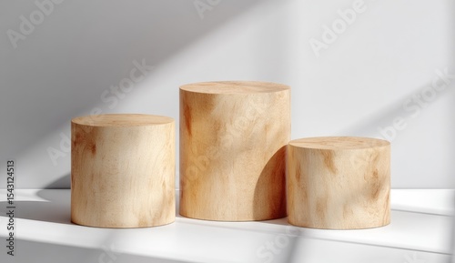 Three light beige wooden cylinders, arranged in a row on a white surface, illuminated by natural light