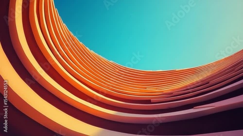 Abstract view of colorful curved architectural design against a clear blue sky