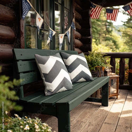 Dark green porch bench with gray chevron pillows, patriotic decorations